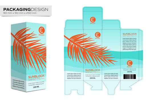 Packaging design template box layout for cosmetic product. Sunscreen concept vector