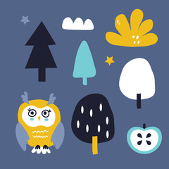vector set  of owl and forest for baby shower,  fabric, textile, card and site design