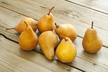 pears on wooden table