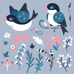 Vector illustration of bird and bloom set in decorative style for postcard design