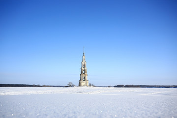 Kalyazin church / panoramic view Orthodox church on the island, russian landscape