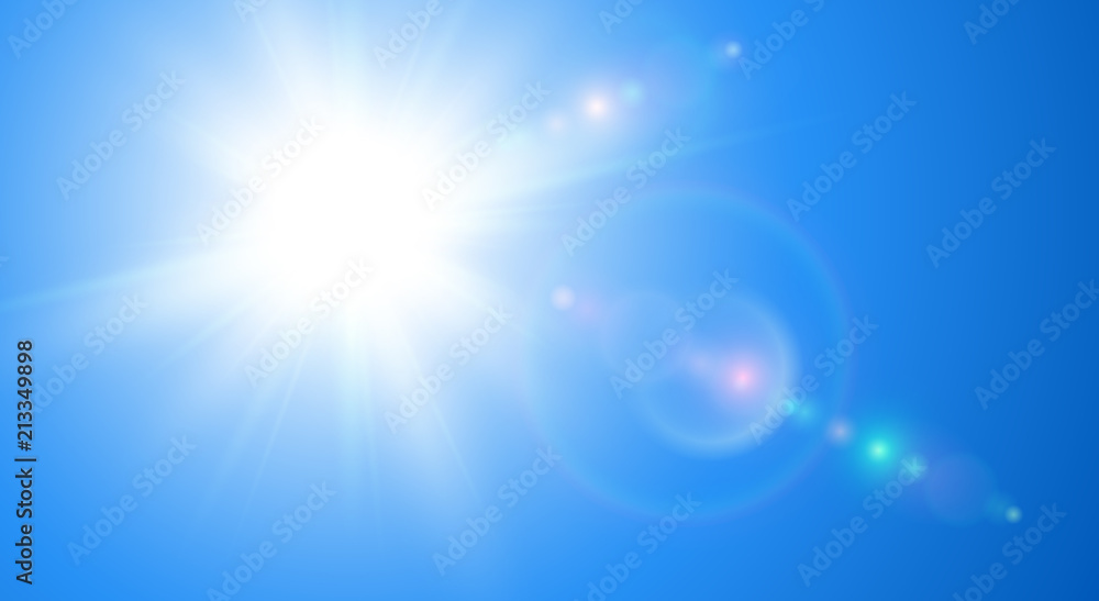 Wall mural sunny background, blue sky with sun and lens flare