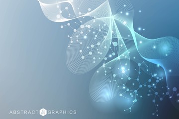 Geometric abstract background with connected line and dots. Structure molecule and communication. Scientific and technology concept. Wave flow graphic background for your design. Vector illustration.