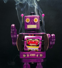 mad smoking purple robot on black background