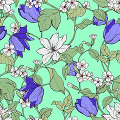 Seamless pattern with flowers magnolia and tulips