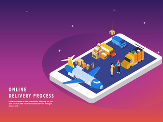 Online delivery, isometric concept, mobile app or landing page design with delivery vehicle, and courier. Can be used for advertisement, infographic, game or mobile apps icon.