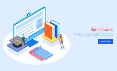 Online Classes or E-Learning concept responsive landing page or hero banner design with isometric view of computer, books and people characters.