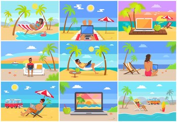 Freelance Workers at Sunny Tropical Beaches Set