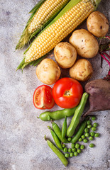 Tomatoes, potato, corn, peas and beetroot