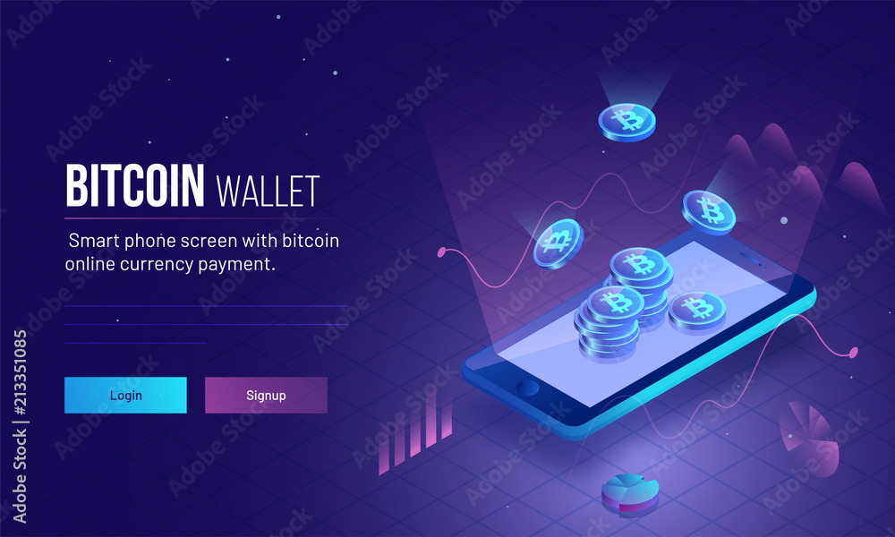 Poster responsive landing page or hero image for bitcoin wallet with 3d isometric illustration of smartphon