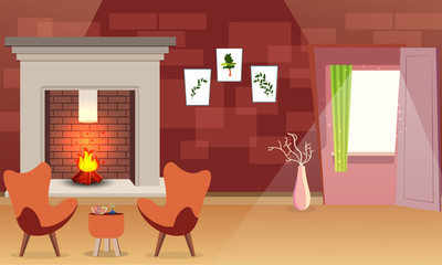 Vector illustration of Living Room interior with fireplace.