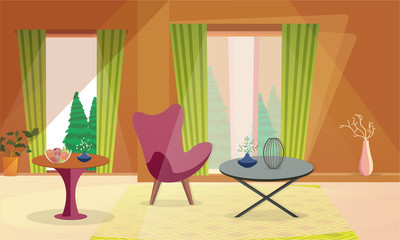 Room interior design with green or nature landscape view outside of window. Modern architecture for interior design.