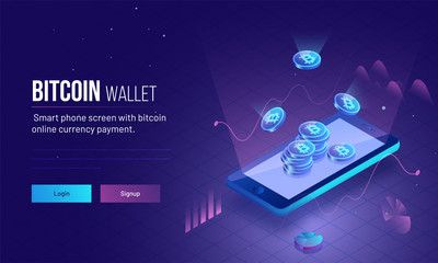 Responsive landing page or hero image for Bitcoin Wallet with 3D isometric illustration of smartphone with glowing bitcoins for virtual money or cryptocurrency concept. - obrazy, fototapety, plakaty