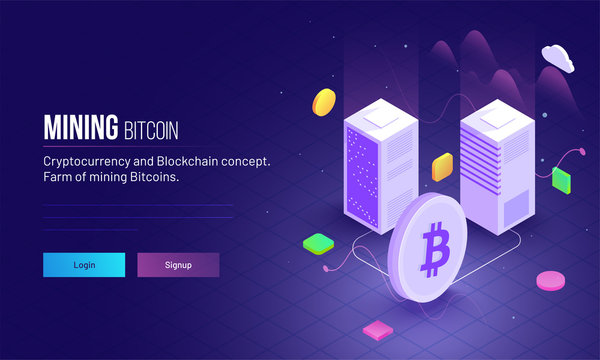 Isometric view of two servers connect with Bitcoin symbol between ultraviolet rays for Mining Bitcoin landing page concept.