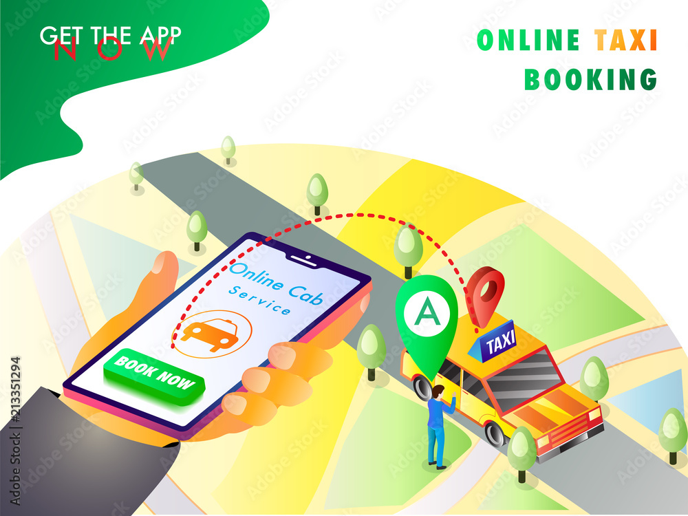 Poster isometric illustration of a human hand booking a cab using mobile app with map, navigation points.