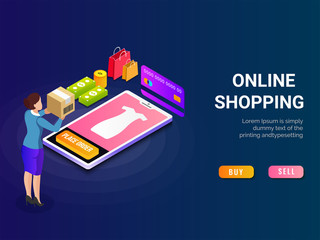 Online shopping, isometric concept, mobile app or landing page design with money, payment card, delivery box, shopping bag and buy now button. 