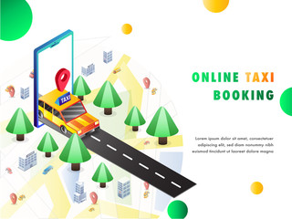 Isometric illustration of a cab coming out from a mobile app, map, navigation points. Online cab book landing page design.