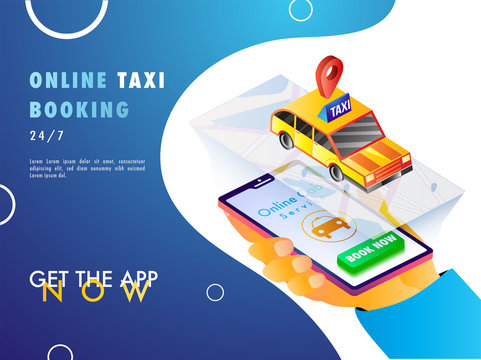 Isometric illustration of a human hand booking a cab using mobile app with map, navigation points, and taxi.