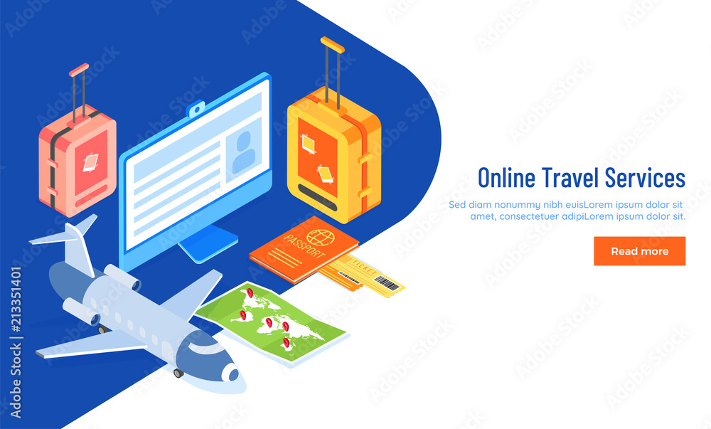 Poster online travel services concept based responsive landing page or web template design with 3d illustra
