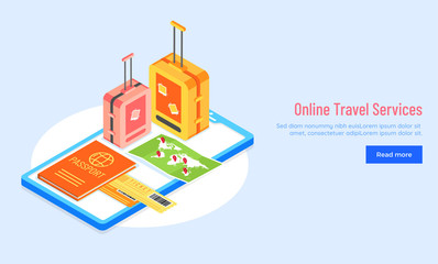 Obraz premium Website template or landing page design with 3D illustration of smartphone, passport, map and backpack for Online Travel Services concept.