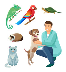 Veterinarian in Robe with Dog and Exotic Pets Set