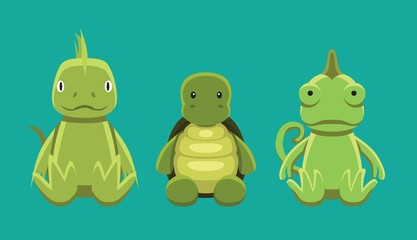 Iguana Turtle Chameleon Doll Set Cartoon Vector Illustration