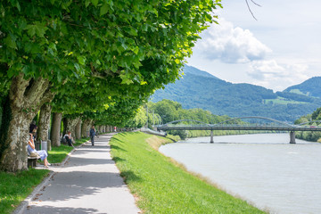 The river and line of trees in Salzburg, Austria