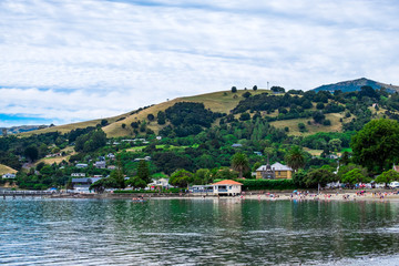 Fototapeta premium Beautiful landscape of the green mountain and a lake.