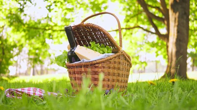 Wicker picnic basket with cheese and wine on red checkered table cloth on grass in park