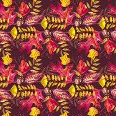 Seamless pattern with acorns and autumn oak leaves in Orange, Beige, Brown and Yellow. Perfect for wallpaper, gift paper, pattern fills, web page background, autumn greeting cards.
