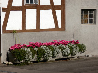 Fachwerk-Fassade mit Blumenschmuck