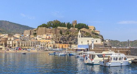 Panorama of  Vulcano Island  from slopes of volcano dominating island. Aeolian Islands in Tyrrhenian Sea, near Sicily