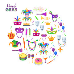 Magri Gras Carnival Attributes Flat Vector Concept