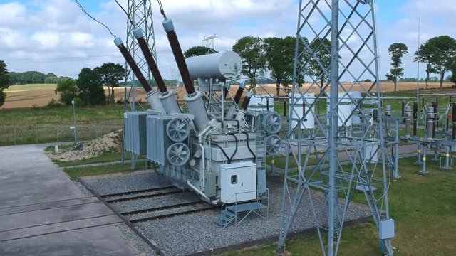 High voltage energy transformer station, aerial view