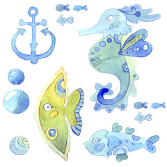 Watercolor set with decorative seahorse, anchor and fish isolated on white background.