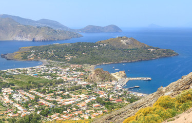 Panorama of  Vulcano Island  and further located  island of Lipari from slopes of volcano. Aeolian Islands in Tyrrhenian Sea, near Sicily