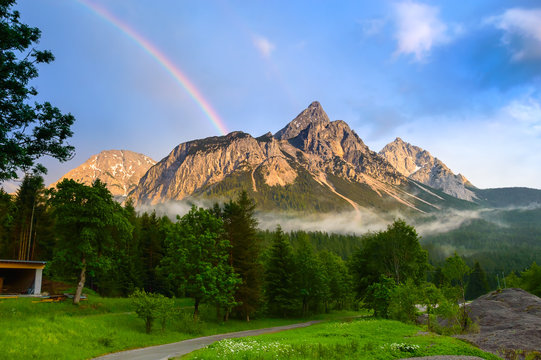 Rainbow over the Ehrwalder Sonnenspitze in the Alps - Ehrwald, Tyrol, Austria