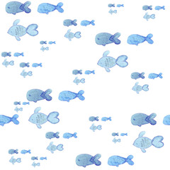 Seamless pattern with watercolor stylized blue small fish isolated on white background.
