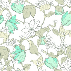 Seamless pattern with flowers magnolia and tulips