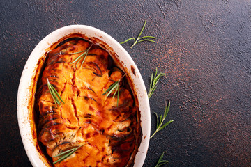 layers of zucchini, eggplant, in cream sauce with rosemary