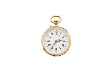 Closeup of a beautiful classic gold pocket watch isolated on white background.