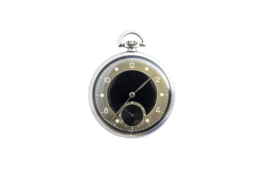 Closeup of a beautiful retro style black and silver pocket watch isolated on white background.