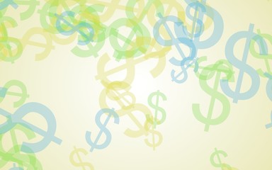 Multicolored translucent dollar signs on white background. Green tones. 3D illustration