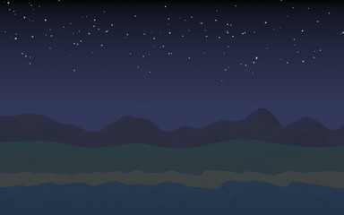 Starry moonless sky. Ocean shore line with waves on a beach. Island beach paradise with waves. Vacation, summer, relaxation. Seascape, seashore. Minimalist landscape, primitivism. 3D illustration