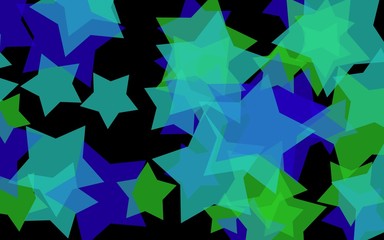 Multicolored translucent stars on a dark background. Green tones. 3D illustration