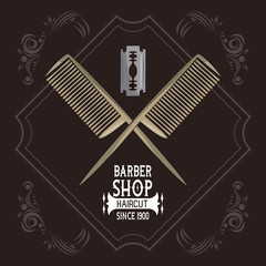 Barbershop vintage emblem with colorful retro drawings vector illustration graphic design