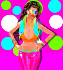 Fashion trendy clothing scene with bold colors. Woman wearing a sexy top and tight pants against a bright colored background with circles. Unique 3d rendered digital model art and fashion design.