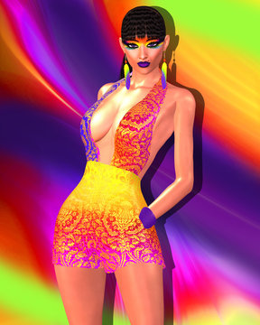 Trendy Fashion design scene with bold colors. Woman wearing a sexy skirt and top against a rainbow colored background. Unique 3d rendered digital model and art fashion scene.