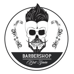 Barbershop vintage emblem with skull retro drawings vector illustration graphic design