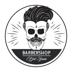 Barbershop vintage emblem with skull retro drawings vector illustration graphic design